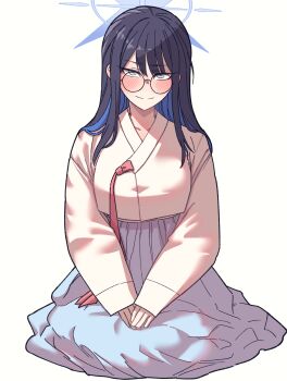 Rule 34 | 1girl, absurdres, alternate costume, anygatsby, bespectacled, black-framed eyewear, black hair, blue archive, blue hair, blue skirt, blush, colored inner hair, commentary, english commentary, glasses, halo, hanbok, highres, korean clothes, long hair, long sleeves, looking at viewer, multicolored hair, pleated skirt, round eyewear, saori (blue archive), shirt, simple background, sitting, skirt, smile, solo, straight hair, two-tone hair, white background, white shirt