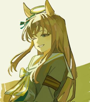 Rule 34 | 1girl, animal ears, armband, blue eyes, blue jacket, bow, brown hair, ear bow, ear ornament, ear ribbon, grass wonder (stone-piercing blue) (umamusume), grass wonder (umamusume), halo, highres, horse ears, horse girl, jacket, long hair, long sleeves, looking at viewer, multicolored hair, one eye closed, open mouth, red armband, sailor collar, selvha, smile, solo, umamusume, upper body, white hair, white sailor collar