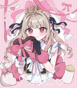 1girl asymmetrical_gloves baby_bottle back_bow bare_arms black_gloves black_ribbon black_vest blunt_bangs blush bottle bow bowtie box brooch character_name closed_mouth collared_shirt colored_inner_hair commentary_request cropped_torso cropped_vest drill_hair fang frilled_ribbon frilled_shirt frilled_sleeves frills fur-trimmed_gloves fur_trim gift gift_bag gift_box gloves gold_trim grey_hair hair_intakes hair_over_shoulder hair_ribbon hands_up heart heart_in_eye highres him_into0817 holding holding_gift idol_clothes jewelry long_hair looking_at_viewer makaino_ririmu mismatched_gloves multicolored_hair nijisanji nijisanji_idol_uniform official_alternate_costume open_clothes open_vest pink_background pink_bow pink_fur pink_hair pink_ribbon pink_streaks pointy_ears red_eyes ribbon shirt sidelocks skin_fang smile solo sparkle streaked_hair symbol_in_eye tiara two-tone_hair two_side_up vest virtual_youtuber white_bow white_bowtie white_fur white_shirt