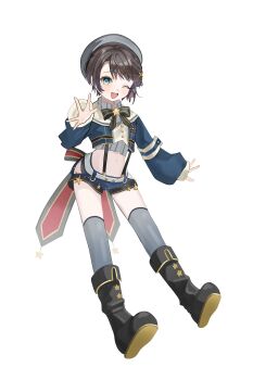Rule 34 | 1girl, ;d, absurdres, arched back, arm at side, armband, back bow, beret, black boots, black bow, black bowtie, black panties, blue eyes, blue jacket, blue shorts, blush, boots, bow, bowtie, braid, brooch, brown hair, buttons, clothing cutout, colored shoe soles, commentary, cropped jacket, cropped shirt, floating, full body, gold buttons, grey hat, grey shirt, grey thighhighs, hair ornament, hairclip, hat, high collar, highres, hip vent, hololive, jacket, jewelry, large bow, long sleeves, looking at viewer, midriff, nagahisa, navel, official alternate costume, official alternate hairstyle, one eye closed, oozora subaru, oozora subaru (suspenders), open hands, open mouth, outstretched hand, panties, panty peek, shirt, shoe soles, short hair, short shorts, shorts, side braid, simple background, sleeve cuffs, smile, solo, star brooch, striped clothes, striped shirt, suspenders, swept bangs, thighhighs, underwear, vertical-striped clothes, vertical-striped shirt, virtual youtuber, white background