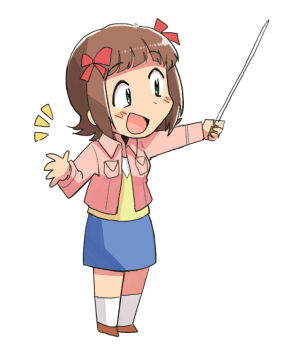 1girl amami_haruka blue_skirt bow breast_pocket brown_hair brown_shoes deformed full_body green_eyes hair_bow holding holding_pointer idolmaster idolmaster_(classic) jacket long_sleeves open_clothes open_jacket open_mouth pink_jacket pocket pointer red_bow shirt shoes short_hair simple_background skirt smile socks solo standing tsubobot white_background white_socks yellow_shirt