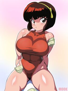 1girl banknote breasts brown_eyes brown_hair commentary donguri2 gradient_background impossible_clothes large_breasts leotard looking_at_viewer money ranma_1/2 skin_tight solo tendou_nabiki thick_thighs thighs tucked_money