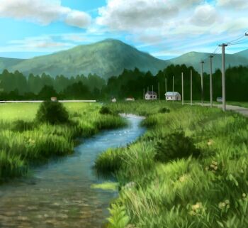 blue_sky building cloud cloudy_sky commentary_request day grass hill melonpan_(mygw4732) mountainous_horizon no_humans original outdoors power_lines rural scenery sky stream utility_pole