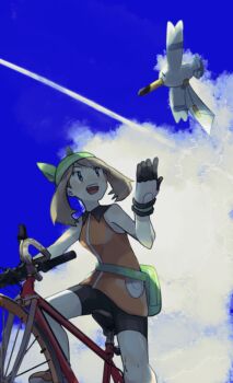 1girl bandana bicycle bike_shorts bird blue_eyes blue_sky brown_hair carrying cloud cloudy_sky darami_chan flying from_below gen_3_pokemon gloves green_bandana highres holding holding_letter letter may_(pokemon) nintendo open_mouth outdoors pokemon pokemon_(creature) pokemon_emerald pokemon_rse riding riding_bicycle seagull sky smile wingull
