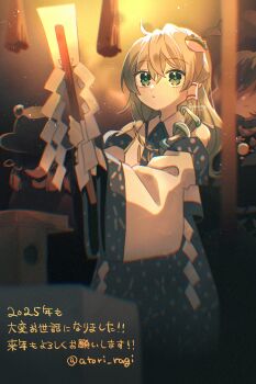 3girls blue_skirt closed_mouth collared_shirt commentary_request detached_sleeves expressionless frog_hair_ornament gohei green_eyes green_hair hair_between_eyes hair_ornament hair_tubes hat highres holding holding_gohei katsuragi_atori kochiya_sanae long_hair long_sleeves looking_at_viewer medium_hair moriya_suwako multiple_girls parted_lips shirt short_hair single_hair_tube skirt sleeveless sleeveless_shirt snake_hair_ornament touhou translation_request twitter_username white_shirt white_sleeves wide_sleeves yasaka_kanako