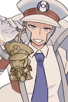 Rule 34 | 1boy, 24 karat gold labubu (meme), blue necktie, character charm, charm (object), commentary, emmet (pokemon), english commentary, galaxysketches, gloves, grey eyes, grey hair, hat, highres, ingo (pokemon), looking at viewer, male focus, meme, necktie, nintendo, pokemon, pokemon bw, shirt, sparkle, upper body, white gloves, white hat, white shirt