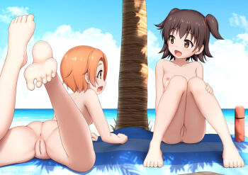 2girls akagi_miria anus arisu_kazumi ass beach beach_towel black_hair breasts brown_eyes cleft_of_venus completely_nude day feet from_behind idolmaster idolmaster_cinderella_girls legs loli multiple_girls nipples nude nudist orange_hair outdoors palm_tree pussy ribbon_hair ryuzaki_kaoru sitting soles third-party_edit toes towel tree two_side_up uncensored yellow_eyes