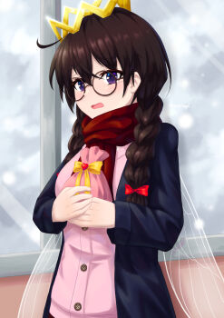 Rule 34 | 1girl, absurdres, black coat, black hair, blush, bow, braid, coat, crown, fairy, fairy wings, glasses, hair bow, highres, kirby (series), kirby 64, long hair, low twin braids, natsuring0, nintendo, open mouth, purple eyes, red bow, red scarf, ripple star queen, scarf, twin braids, wings, yellow bow