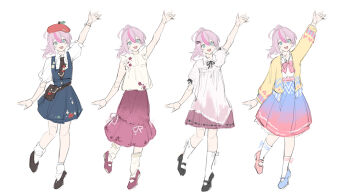 1girl alternate_costume aqua_eyes arm_up artist_collaboration black_shoes blue_skirt bow bowtie commentary dress english_commentary gradient_clothes gradient_skirt hat highres honkai_(series) honkai_impact_3rd jacket long_skirt looking_at_viewer medium_hair mismatched_shoes multicolored_hair multiple_views open_mouth pink_bow pink_bowtie pink_hair pink_skirt ponytail red_hat reference_sheet sang_sha shirt shoes simple_background sketch skirt smile streaked_hair suspender_skirt suspenders waving white_background white_dress white_shirt yae_rin yellow_jacket zelian