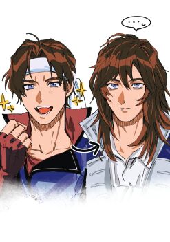 ... 2boys age_comparison bags_under_eyes blue_eyes brown_hair castlevania:_rondo_of_blood castlevania:_symphony_of_the_night castlevania_(series) dual_persona fingerless_gloves frown gloves headband highres keiseki1 long_hair male_focus multiple_boys open_mouth richter_belmont smile sparkle spoken_ellipsis white_headband