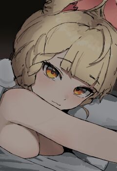 1girl alice_thymefield animal_ears blonde_hair breasts closed_mouth highres hugging_object looking_at_viewer lying medium_breasts minez on_side orange_eyes pillow pillow_hug rabbit_ears solo yellow_eyes zenless_zone_zero