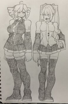 Rule 34 | 2girls, alternate breast size (larger), bone nigi, boots, breasts, clenched hand, clenched hands, clenched teeth, collared shirt, detached sleeves, drill hair, full body, graphite (medium), hair ornament, hand on own hip, hashtag-only commentary, hatsune miku, highres, kasane teto, large breasts, long hair, looking at another, medium breasts, miniskirt, monochrome, multiple girls, necktie, number tattoo, open mouth, pleated skirt, shirt, short hair, sketch, skirt, sleeveless, sleeveless shirt, sleeves past wrists, standing, tachi-e, tattoo, teeth, thigh boots, thighhighs, traditional media, twin drills, twintails, utau, vocaloid, zettai ryouiki