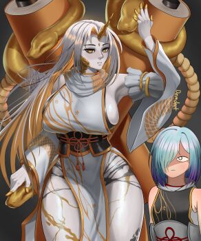 2girls absurdres aqua_hair artist_name blonde_hair breasts commentary crystal demdeet english_commentary fire_emblem fire_emblem_heroes gradient_hair grey_background grey_hair gullveig_(fire_emblem) gullveig_(hidden_in_time)_(fire_emblem) hair_ornament hair_over_one_eye highres horns huge_breasts japanese_clothes kvasir_(fire_emblem) kvasir_(hidden_in_time)_(fire_emblem) long_hair looking_at_another looking_at_viewer multicolored_hair multiple_girls nintendo official_alternate_costume scarf scroll short_hair sideboob single_horn small_breasts snake_hair_ornament very_long_hair yellow_eyes