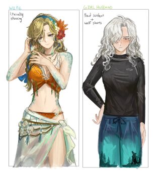 2girls bare_shoulders black_shirt blue_eyes blue_pants blue_skin blush bra breasts closed_mouth colored_skin english_text feet_out_of_frame fragrance_(freakyduck9000) frilled_bra frills green_hair hair_over_one_eye highres large_breasts long_sleeves looking_down medium_hair multiple_girls orange_bra orange_panties original panties pants pine_tree_print reference_sheet shirt skirt smile standing tented_shirt underwear white_hair white_skirt wolf_print