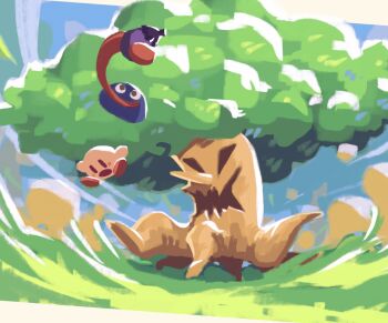 2boys eggplant full_body gooey_(kirby) grass kirby kirby&#039;s_dream_land_3 kirby_(series) multiple_boys nintendo open_mouth outdoors pokka730 tongue tongue_out tree whispy_woods