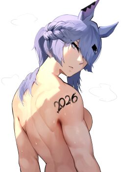 1girl 2026 absurdres animal_ears blue_eyes blue_hair braid breasts chinese_zodiac closed_mouth commentary english_commentary from_behind hair_ornament hair_over_one_eye hairclip highres horse_ears horse_girl large_breasts long_hair looking_at_viewer looking_back nude original ponytail saki_(the_atko) simple_background sweat the_atko toned toned_female white_background year_of_the_horse