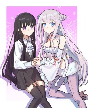 2girls 57511587 ascot bare_shoulders black_garter_straps black_hair black_thighhighs blue_eyes breasts chinese_commentary cleavage commentary_request cone_hair_bun detached_sleeves double_bun expressionless garter_straps hair_bun highres holding_hands inu_x_boku_ss katsute_mahou_shoujo_to_aku_wa_tekitai_shiteita long_hair long_sleeves looking_at_viewer magical_girl mimori_byakuya multiple_girls navel pink_hair purple_eyes shirakiin_ririchiyo shirt thighhighs white_ascot white_shirt