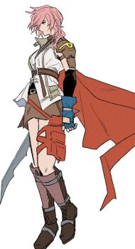 1girl black_gloves blue_gloves boots breasts brown_boots brown_skirt cape closed_mouth elbow_gloves final_fantasy final_fantasy_xiii fingerless_gloves full_body garbage_paper gloves hair_over_one_eye highres holding holding_weapon lightning_farron medium_breasts miniskirt pink_hair pouch red_cape single_elbow_glove single_shoulder_pad single_sidelock skirt solo thigh_pouch vest wavy_hair weapon white_background white_vest