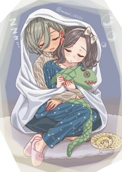2girls blue_pants blue_shirt blush bow_hairband brown_hair brown_sweater closed_eyes commentary_request cuddling ebizuka_tomo girls_band_cry grey_hair hairband highres lizard medium_hair minori_13101 mole mole_under_eye multiple_girls open_mouth pajamas pants parted_lips pink_slippers rupa_(girls_band_cry) shared_blanket shirt short_hair sitting sleeping slippers snake stuffed_snake sweater white_hairband yuri zzz