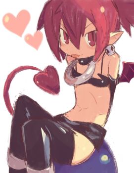 1girl arms_behind_back bare_shoulders bat_wings black_boots black_gloves black_skirt boots choker demon_girl demon_tail demon_wings disgaea earrings elbow_gloves etna_(disgaea) flat_chest full_body gloves heart jewelry looking_at_viewer makai_senki_disgaea microskirt mini_wings moekanada o-ring o-ring_choker o-ring_collar pointy_ears prinny red_eyes red_hair red_tail red_wings sitting sitting_on_person skirt skull_earrings smile solo tail thigh_boots tongue tongue_out twintails wings