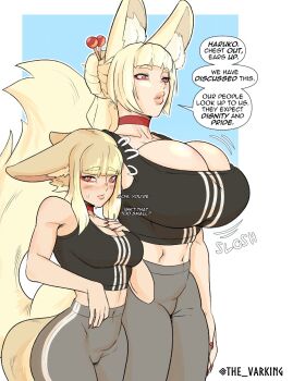 2girls animal_ear_fluff animal_ears atsuko_(the_varking) black_sports_bra blonde_hair blush bouncing_breasts breast_envy breasts bursting_breasts choker cleavage commentary ears_down english_commentary english_text fingernails fox_ears fox_girl fox_tail grey_pants hair_bun haruko_(the_varking) height_difference highres huge_breasts kitsune kyuubi large_tail light_brown_hair lips long_tail mature_female medium_breasts medium_support_(meme) meme mother_and_daughter multiple_girls multiple_tails original pants red_choker red_eyes red_nails sharp_fingernails short_hair_with_long_locks side-by-side single_hair_bun speech_bubble sports_bra standing striped_sports_bra tail tall_female the_varking triple_vertical_stripe twitter_username updo yoga_pants