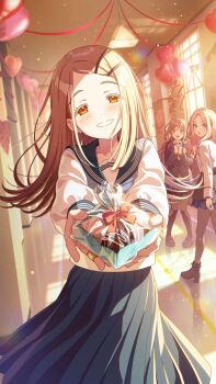 3girls blazer blonde_hair blue_eyes boots brown_hair candy earrings food forehead gakuen_idolmaster game_cg grin hair_ornament hairclip hallway heart high_heel_boots high_heels himesaki_rinami holding idolmaster jacket jewelry juo_sena loafers long_skirt multicolored_hair multiple_girls official_art open_mouth orange_eyes pantyhose pink_hair pleated_skirt reaching reaching_towards_viewer sailor_collar school_uniform serafuku shinosawa_hiro shoes skirt smile sweater window