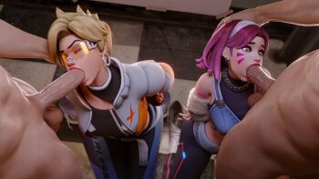 2boys 2girls arms_behind_back asian bare_shoulders blonde_hair closed_eyes d.va_(overwatch) dazzle_d.va denim_bra fellatio group_sex hand_on_another's_head high_heels highres irrumatio jacket kneeling le_sserafim leggings makeup midriff multiple_boys multiple_girls open_clothes open_jacket oral overwatch perfect_night_(le_sserafim) pink_hair thecount tracer_(overwatch) traysi_tracer uncensored