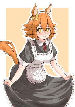 +_+ 1girl absurdres animal_ears apron black_dress blush bow breasts closed_mouth commentary_request dress flipped_hair hair_between_eyes hair_ornament highres horse_ears horse_girl horse_tail looking_at_viewer maid maid_apron maid_headdress matikanefukukitaru_(umamusume) medium_breasts neck_ribbon orange_hair red_ribbon ribbon short_hair short_sleeves shpy_py_py solo tail umamusume white_apron white_headdress yellow_bow