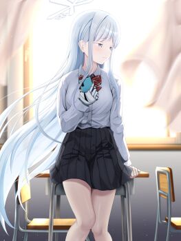 1girl absurdres alternate_costume bandaged_hand bandages black_hands black_skirt blue_archive bow bowtie cellphone chair classroom colored_extremities colored_eyelashes commentary curtains desk dress feet_out_of_frame halo highres holding holding_phone indoors kuinanoda leaning_on_table long_hair looking_to_the_side nagusa_(blue_archive) phone pleated_skirt red_bow red_bowtie school_chair school_desk school_uniform shirt skirt smartphone solo sunlight very_long_hair white_eyelashes white_eyes white_hair white_halo white_shirt window window_light