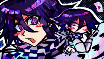1boy @_@ black_background blush card checkered_clothes checkered_scarf chibi commentary danganronpa_(series) danganronpa_v3:_killing_harmony english_commentary highres oma_kokichi phonnks playing_card pointing pointing_at_self purple_eyes purple_hair scarf