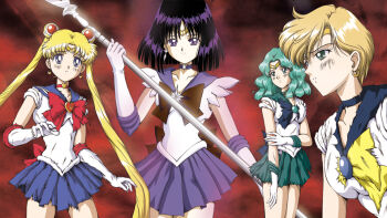1990s_(style) 4girls bishoujo_senshi_sailor_moon bishoujo_senshi_sailor_moon_s blonde_hair blue_eyes blue_sailor_collar blue_skirt bob_cut bow brooch choker glaive_(polearm) green_eyes green_hair heart heart_brooch hino_ryutaro jewelry kaiou_michiru magical_girl multiple_girls outer_senshi polearm purple_eyes purple_hair purple_skirt red_background red_bow retro_artstyle sailor_collar sailor_moon sailor_neptune sailor_saturn sailor_senshi sailor_uranus serious silence_glaive skirt ten&#039;ou_haruka tomoe_hotaru torn_clothes tsukino_usagi weapon yellow_bow