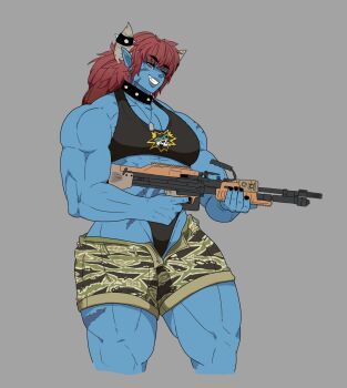 Rule 34 | 1girl, bare shoulders, black choker, black nails, black panties, black tank top, blue lips, blue skin, breasts, choker, colored skin, commentary, cowboy shot, crop top, demon girl, demon horns, dog tags, english commentary, facial scar, female orc, finger on trigger, general purpose machine gun, green shorts, grey background, grey horns, gun, hedon bloodrite, highres, holding, holding gun, holding weapon, horn ornament, horns, light machine gun, long hair, looking to the side, m60 (machine gun), machine gun, medium breasts, multiple scars, muscular, muscular female, nose, open fly, open mouth, orange eyes, orc, panties, pectoral cleavage, pectorals, pointy ears, red hair, scar, scar on cheek, scar on chin, scar on face, scar on shoulder, scar on stomach, scar on thighs, second-party source, shorts, simple background, skull print, smile, solo, spiked choker, spiked horns, spikes, tank top, teeth, thick thighs, thighs, underwear, weapon, weapon request, yui (rainbow), zan (hedon)