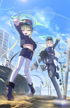 1boy 3girls :d ^_^ absurdres animal_ears aoba_(blue_archive) armband belt black_belt black_boots black_hair black_hat black_jacket black_shorts blonde_hair blue_archive blue_armband blue_sky blurry blush boots bow bowtie building buttons carrying clenched_hand closed_eyes cloud commentary day demon_girl demon_tail depth_of_field double-breasted facing_viewer fang full_body glint gloves green_hair green_halo halo hand_on_own_hip hat highres hikari_(blue_archive) holding holding_id_card id_card index_finger_raised jacket koutannkoburia lens_flare long_hair long_sleeves midriff multiple_girls nozomi_(blue_archive) open_mouth outdoors outstretched_arm pantyhose peaked_cap perspective piggyback pointing pointing_forward pointy_ears puff_of_air railroad_tracks red_eyes sand sensei_(blue_archive) short_hair shorts siblings sidelocks sisters skin_fang sky smile smug standing standing_on_one_leg sunlight tail train twins twintails v-shaped_eyebrows very_long_hair white_gloves white_pantyhose yellow_bow yellow_bowtie
