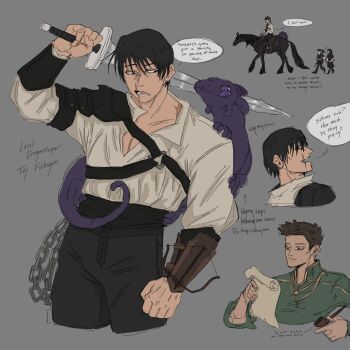 2boys 2girls absurdres arm_mounted_weapon black_hair black_horse bow_(weapon) crossbow dragon english_text fushiguro_touji highres holding holding_sword holding_weapon horse jujutsu_kaisen male_focus multiple_boys multiple_girls pet riding sailorpaintx scar_on_lip shiu_kong short_hair sword talking weapon zen'in_mai zen'in_maki