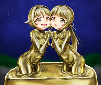 2girls blonde_hair blunt_bangs bodypaint breasts brown_eyes cheek-to-cheek cleft_of_venus collarbone colored_nipples colored_skin completely_nude facepaint gold_hair gold_paint gold_skin groin hair_intakes hair_ornament heads_together idolmaster idolmaster_cinderella_girls immobilization interlocked_fingers koshimizu_sachiko long_hair low_ponytail metal_skin multicolored_skin multiple_girls navel night night_sky nude open_mouth paint partial_transformation petrification planted_legs ponytail puffy_nipples pussy raised_eyebrows restrained shiny_skin sidelocks sky star_(sky) stationary_restraints statue stuck transformation variant_set yaneura_(yaneur) yellow_nipples yorita_yoshino