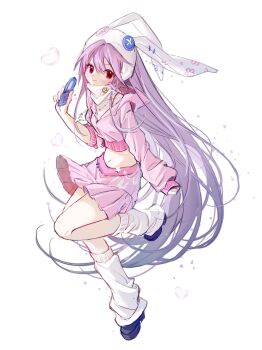 1girl 80isiiii absurdly_long_hair absurdres alternate_costume animal_ears animal_hat animal_print blue_shoes cellphone chinese_commentary closed_mouth commentary_request cropped_hoodie flip_phone full_body hand_up hat highres holding holding_phone hood hood_down hoodie knee_up leg_warmers long_hair long_sleeves looking_at_viewer midriff navel phone pink_hoodie pink_skirt purple_hair rabbit_ears rabbit_hat rabbit_print red_eyes reisen_udongein_inaba shoes simple_background skirt smile solo touhou very_long_hair white_background white_leg_warmers