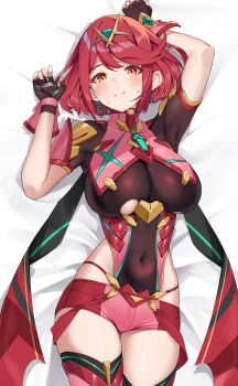 1girl bob_cut boots breasts brown_gloves chest_jewel closed_mouth commentary_request core_crystal_(xenoblade) covered_navel cowboy_shot dakimakura_(medium) earrings fingerless_gloves gem gloves green_gemstone highres impossible_clothes jewelry large_breasts lying matrix16 on_back paid_reward_available pyra_(xenoblade) red_boots red_eyes red_hair red_shorts short_hair short_shorts shorts solo swept_bangs thigh_boots tiara xenoblade_chronicles_(series) xenoblade_chronicles_2