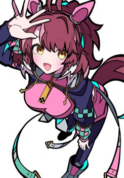 1girl ahoge animal_ears black_leggings black_shrug blush bow breasts brown_eyes brown_hair checkered_ribbon dantsu_flame_(center_spotlight)_(umamusume) dantsu_flame_(umamusume) ear_covers ear_ornament ear_ribbon hair_between_eyes highres horse_ears horse_girl horse_tail kikkasoon large_breasts leggings leggings_under_shorts looking_at_viewer multicolored_hair open_mouth pink_shirt pink_shorts shirt shorts shrug_(clothing) simple_background smile solo tail umamusume white_background white_hair