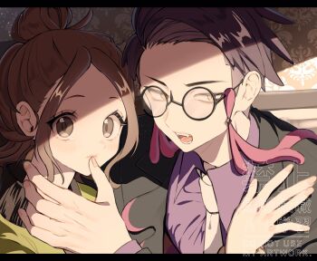 1boy 1girl black-framed_eyewear brown_eyes brown_hair commentary_request corbeau_(pokemon) eyelashes eyewear_strap fangs fingernails fleur-de-lis glasses hair_bun harmony_(pokemon) highres letterboxed necktie nintendo open_mouth pokemon pokemon_legends:_z-a purple_shirt round_eyewear shirt short_sideburns srs_dayo wallpaper_(object) white_necktie
