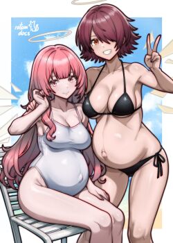 2girls absurdres alternate_breast_size_(larger) angel arknights artist_name bikini black_bikini black_vs_white blue_sky border breasts chair cleavage closed_mouth commentary commission covered_navel detached_wings english_commentary exusiai_(arknights) feet_out_of_frame female_focus hair_over_one_eye halo highres large_breasts lemuen_(arknights) linea_nigra long_hair looking_at_viewer multiple_girls navel on_chair one-piece_swimsuit orange_eyes outie_navel pink_eyes pink_hair pregnant red_hair rotomdocs short_hair siblings side-tie_bikini_bottom sisters sitting sky smile stomach swimsuit thighs underboob v very_long_hair white_border white_one-piece_swimsuit wings