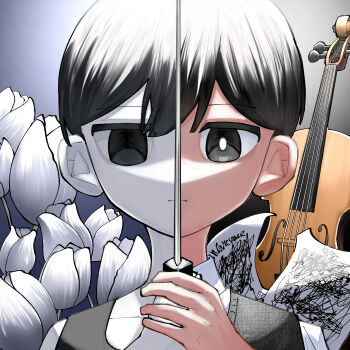 2boys black_eyes black_hair black_sweater_vest black_tank_top bright_pupils collarbone collared_shirt colored_skin commentary_request double-parted_bangs dual_persona flower hair_between_eyes highres holding holding_knife instrument knife male_focus multiple_boys omiriomiri omori omori_(omori) sheet_music shirt short_hair sunny_(omori) sweater_vest tank_top tulip violin white_flower white_pupils white_shirt white_skin white_tulip