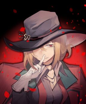 1girl black_background black_hat black_shirt blonde_hair chinese_commentary closed_mouth coat coat_on_shoulders commentary_request falling_petals finger_to_mouth gloves gradient_background hand_up hat hat_over_one_eye highres index_finger_raised looking_at_viewer mingzhaichuan mole_beside_mouth one_eye_covered petals ponytail red_background red_coat red_eyes reverse:1999 shirt short_ponytail smile solo tennant_(reverse:1999) upper_body white_gloves