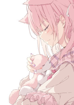 Rule 34 | 1girl, animal ears, black choker, blush, brown cardigan, cardigan, choker, closed eyes, closed mouth, commentary request, extra ears, fingernails, from side, hair between eyes, hair ribbon, hakui koyori, hakui koyori (school uniform), heart, heraraido re, highres, hololive, kokoro (hakui koyori), long hair, long sleeves, nail polish, neckerchief, petting, pink hair, pink neckerchief, pink sailor collar, plaid clothes, plaid sailor collar, purple nails, ribbon, sailor collar, simple background, smile, virtual youtuber, white background, white ribbon, wolf ears, wolf girl