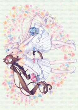 2girls animal_ears blue_eyes bouquet breasts brown_eyes brown_hair cat_ears cat_girl cat_tail chocola_(nekopara) choker dress elbow_gloves exif_rotation floral_background flower frilled_dress frills gloves hair_ribbon heart high_heels highres imminent_kiss lace long_hair low-tied_long_hair low_twintails medium_breasts multiple_girls navel nekopara non-web_source official_art pantyhose ribbon sayori_(neko_works) small_breasts striped_background tail twintails vanilla_(nekopara) white_dress white_hair white_pantyhose