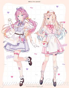 2girls ;d anyoji_hime apron armpit_crease bandaged_arm bandages bare_shoulders black_shoes blonde_hair blue_eyes blue_hair bow bowtie brown_shoes character_name commentary_request double_bun dress first_aid_kit footwear_bow frilled_apron frilled_dress frilled_socks frills full_body gloves gradient_hair grid_background group_name hair_bow hair_bun heart highres holding holding_stethoscope intravenous_drip leg_up link!_like!_love_live! looking_at_viewer love_live! low_twintails mary_janes mira-cra_park! multicolored_hair multiple_girls official_art one_eye_closed open_mouth osawa_rurino outside_border pink_bow pink_bowtie pink_dress pink_hair purple_bow purple_bowtie purple_dress shoes short_dress sleeveless sleeveless_dress smile socks stethoscope suspender_apron suspenders suspenders_slip tadano_yukiko twintails virtual_youtuber white_apron white_background white_gloves white_socks yellow_bow yume_kawaii