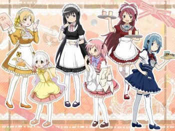 6+girls akemi_homura alternate_costume antenna_hair apron artist_request back_bow black_bow black_dress black_hair blonde_hair blue_bow blue_bowtie blue_footwear blue_hair blue_skirt blush bow bow_legwear bowtie brown_eyes brown_footwear collared_shirt colored_sclera dot_nose dress dress_shirt drink drinking_straw food frilled_dress frilled_ribbon frilled_skirt frills full_body glass gradient_background hair_bow hair_ornament hair_over_shoulder hair_scrunchie hand_in_own_hair hand_on_own_hip hand_up high-waist_skirt high_heels holding holding_menu holding_paper holding_plate juliet_sleeves kaname_madoka long_hair long_sleeves mahou_shoujo_madoka_magica mahou_shoujo_madoka_magica:_hangyaku_no_monogatari maid_headdress mary_janes medium_dress menu miki_sayaka miniskirt momoe_nagisa multiple_girls official_art one_eye_closed open_mouth orange_background orange_shoes outline pantyhose paper paper_stack petticoat pink_dress pink_eyes pink_hair pink_shoes plate pleated_skirt pocket ponytail puffy_short_sleeves puffy_sleeves pumps purple_bow purple_bowtie purple_eyes purple_footwear purple_ribbon red_bow red_dress red_eyes red_footwear red_hair ribbon ribbon-trimmed_dress ribbon_trim sakura_kyoko scrunchie shirt shoes short_dress short_sleeves side_ponytail skirt smile standing striped_background suspender_skirt suspenders tareme thighhighs third-party_source tomoe_mami tsurime two_side_up very_long_hair waist_apron wavy_hair white_apron white_bow white_hair white_outline white_pantyhose white_shirt white_thighhighs wrist_ribbon yellow_apron yellow_bow yellow_bowtie yellow_dress yellow_eyes yellow_sclera