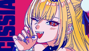 1girl black_collar black_ribbon blonde_hair braid character_name cissia_(zenless_zone_zero) collar commentary_request eyelashes fangs fingernails gts_mmnn hair_between_eyes highres jewelry long_fingernails long_hair looking_at_viewer makeup nail_art nail_polish open_mouth pink_background pop_art portrait red_eyes ribbon simple_background zenless_zone_zero