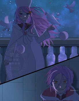 1boy 1girl anastasia_hoshin animal balcony bird blue_eyes cape commentary_request dark dress empty_eyes floating_hair fur_cape fur_dress fur_hat fur_trim hair_ornament hand_up hat highres jewelry julius_juukulius long_hair long_sleeves namera_4 necklace night pom_pom_(clothes) possessed purple_hair re:zero_kara_hajimeru_isekai_seikatsu ribbon smile star_(sky) star_(symbol) star_hair_ornament surprised twitter_username white_bird white_dress yellow_eyes