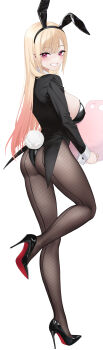 1girl abab_xiaxia absurdres animal_ear_hairband animal_ears ass black_jacket black_leotard blonde_hair blush breasts brown_hair fake_animal_ears fake_tail fishnet_pantyhose fishnets gradient_hair grin hairband highres jacket kitagawa_marin large_breasts leotard long_hair looking_at_viewer multicolored_hair open_clothes open_jacket pantyhose pink_eyes playboy_bunny rabbit_ear_hairband rabbit_ears rabbit_tail smile solo sono_bisque_doll_wa_koi_wo_suru tail wrist_cuffs