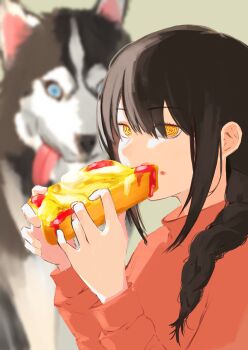 1girl 3333iyasy absurdres black_hair braid braided_ponytail bread bread_slice chainsaw_man dog eating food food_on_face highres holding holding_food husky long_hair looking_at_viewer nayuta_(chainsaw_man) ringed_eyes shirt simple_background single_braid toast yellow_eyes